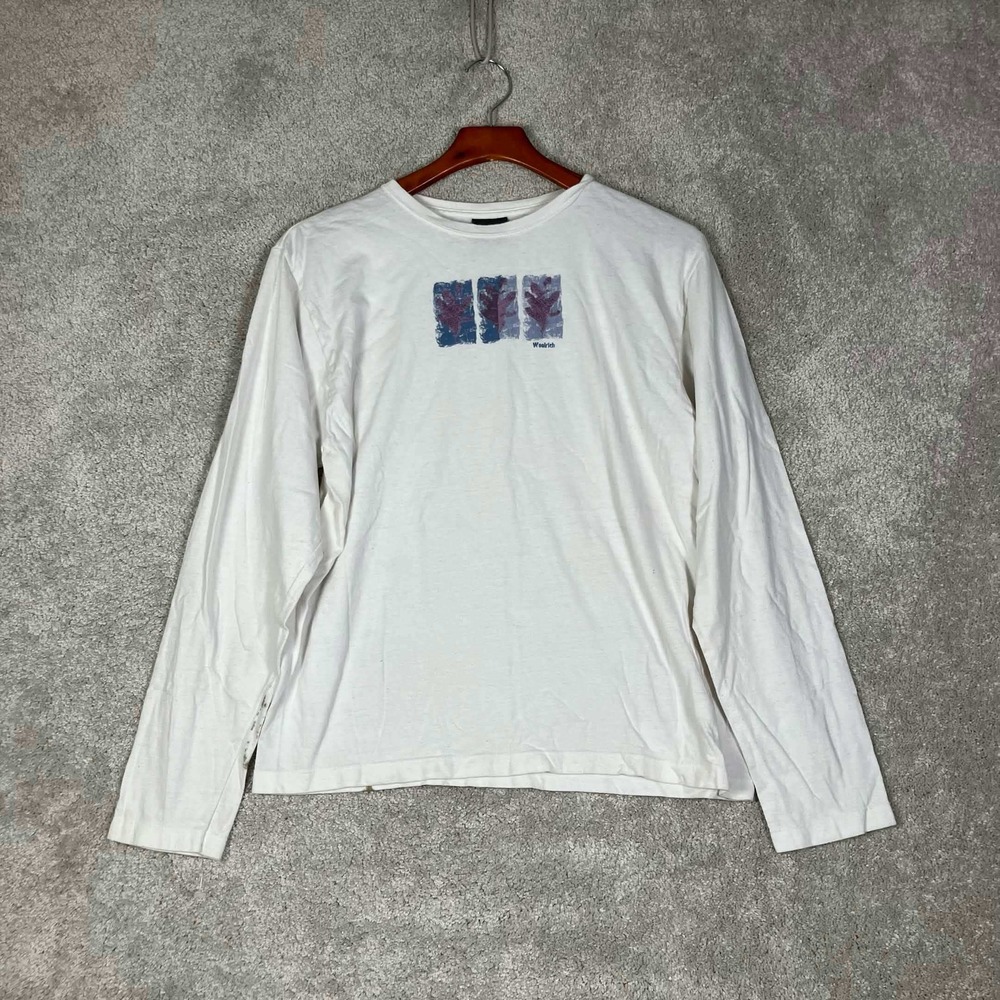 Woolrich T-Shirt Mens XL White Long Sleeve Graphic Leaf Print Made in USA Y2k